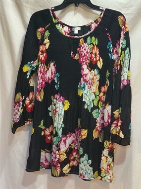 Spense Floral Black Long-Sleeve Women's Top.  Vibrant colors.